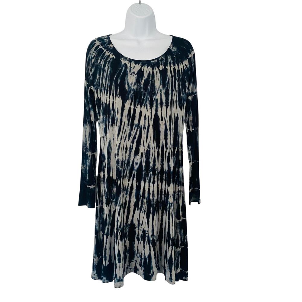 Hands to Hearts Tunic Dress Womens Medium Navy Blue Batik Long Sleeve Boho
